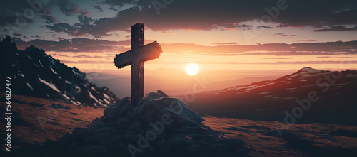 cross on top of a mountain at sunset  easter. Generative AI