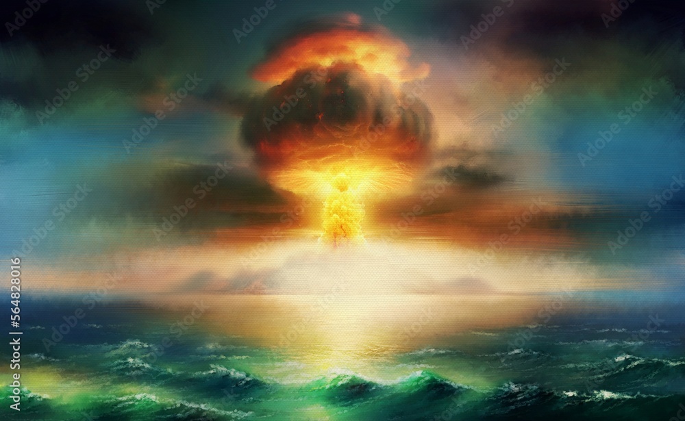 Fototapeta premium Oil paintings sea landscape, nuclear explosion, beautiful scenery, burning fire in the sky. Artwork, fine art