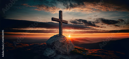 cross on top of a mountain at sunset, easter. Generative AI