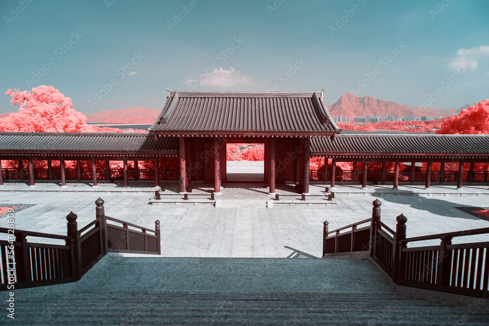 Infrared photography of traditional Chinese building roof and plants Infrared photography of traditional Chinese building roof and plants