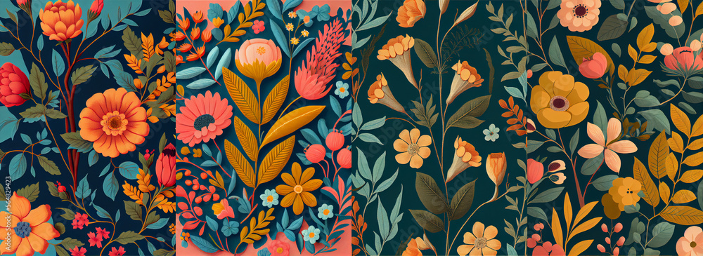 illustration of a seamless floral pattern with big spring flowers on a dark tone background. Good for wedding, birthday party and wallpaper. Design collection for banner, poster, card and book. illustration of a seamless floral pattern with big spring flowers on a dark tone background. Good for wedding, birthday party and wallpaper. Design collection for banner, poster, card and book.