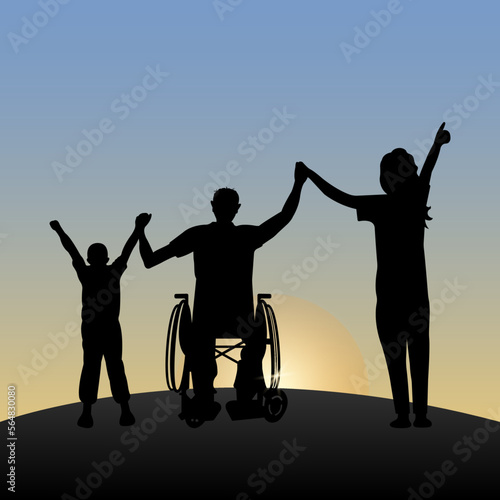 Silhouette of a disabled man in a wheelchair with his family rejoice at the dawn with hope for the best. Happy family concept.