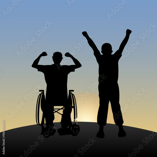 a disabled man in a wheelchair, with a friend, rejoice at the dawn, raised their hands. Vector illustration
