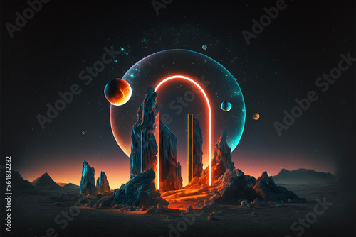 Surreal Psychedelic Trippy Desert Mountain Galaxy Landscape with Neon Celestial Shapes, Neon Archway Generative AI