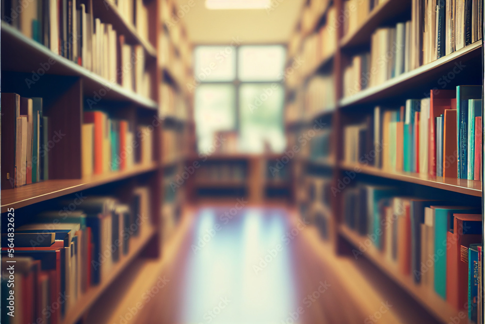 Abstract blurred empty college library interior space. Blurry classroom with bookshelves by defocused effect. use for background or backdrop in book shop business or education. Generative AI