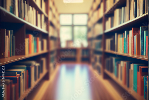 Abstract blurred empty college library interior space. Blurry classroom with bookshelves by defocused effect. use for background or backdrop in book shop business or education. Generative AI