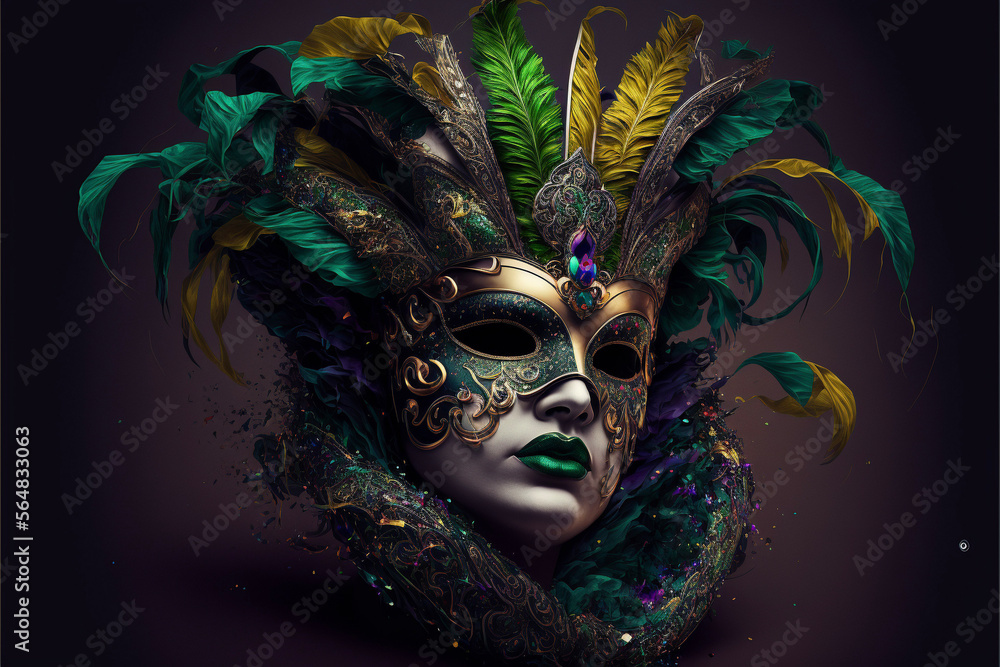 Mardi Gras Mask with Beads and Feathers Generative AI