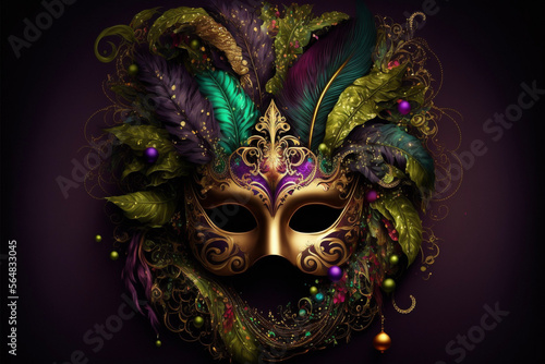 Mardi Gras Mask with Beads and Feathers Generative AI