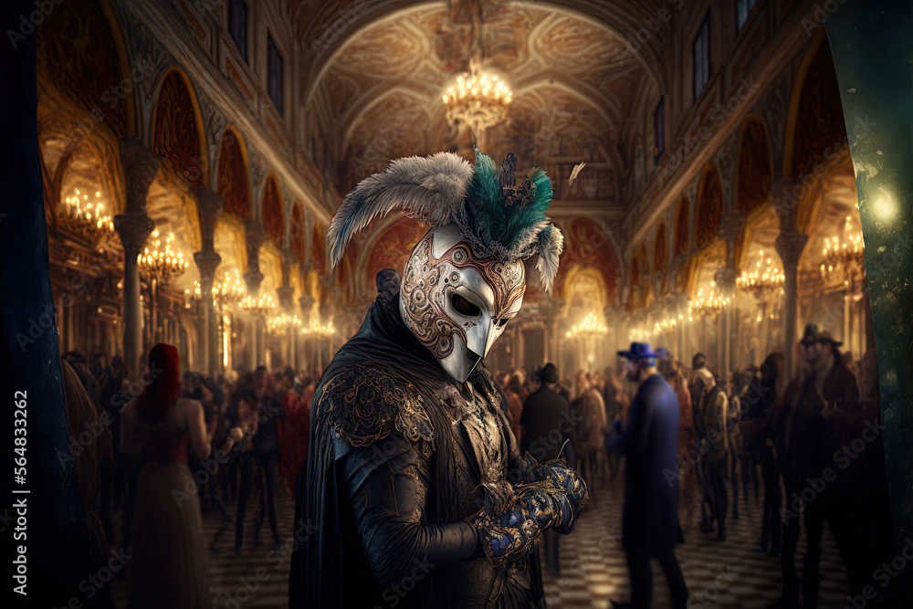 Fototapeta premium Man Wearing a mask and traditional costume at Venice Carnival masked ball inside a palace bathed in golden light. Ai generated art