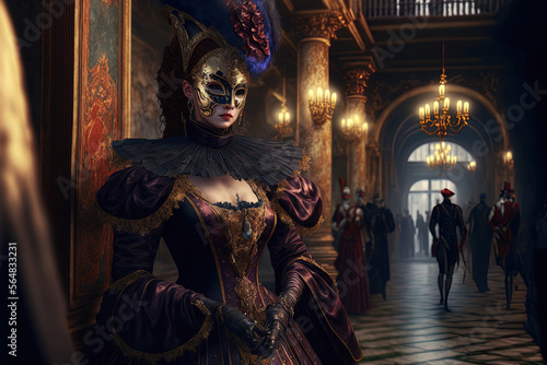 Woman Wearing a mask and traditional costume at Venice Carnival masked ball inside a palace bathed in golden light. Ai generated art