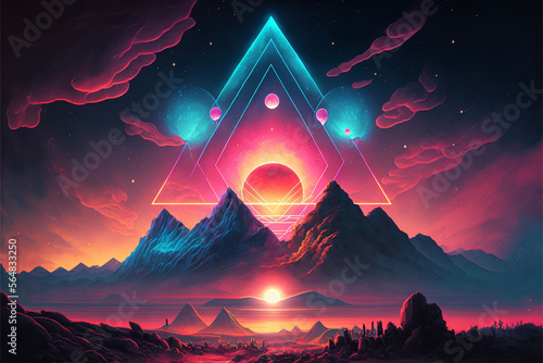 Surreal Psychedelic Trippy Desert Mountain Galaxy Landscape with Neon Celestial Shapes, Central Pyramid Triangle Generative AI