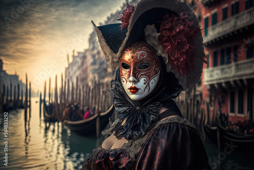 Woman at sunset Wearing a mask and traditional costume at Venice Carnival masked ball.. Ai generated art