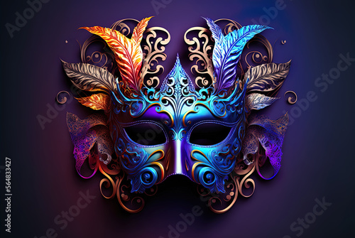 Photorealistic Carnival Mask with Decorative Elements on a Stylish, Bright and Saturated Blurred Background for a Holiday or Party. Ai generated art