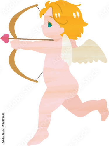 弓矢を構えるかわいいキューピッド　水彩風、質感あり