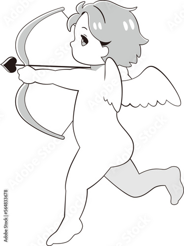 弓矢を構えるかわいいキューピッド　モノクロ