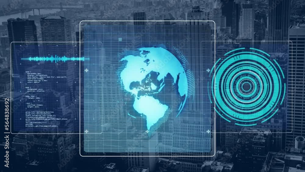 Animation of data processing with scope scanning and globe over cityscape Animation of data processing with scope scanning and globe over cityscape