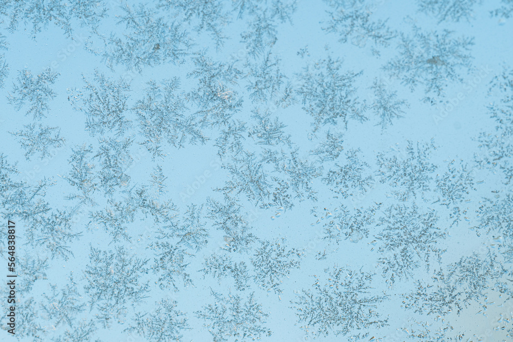 Snow crystals glued to windows in the cold winter Snow crystals glued to windows in the cold winter