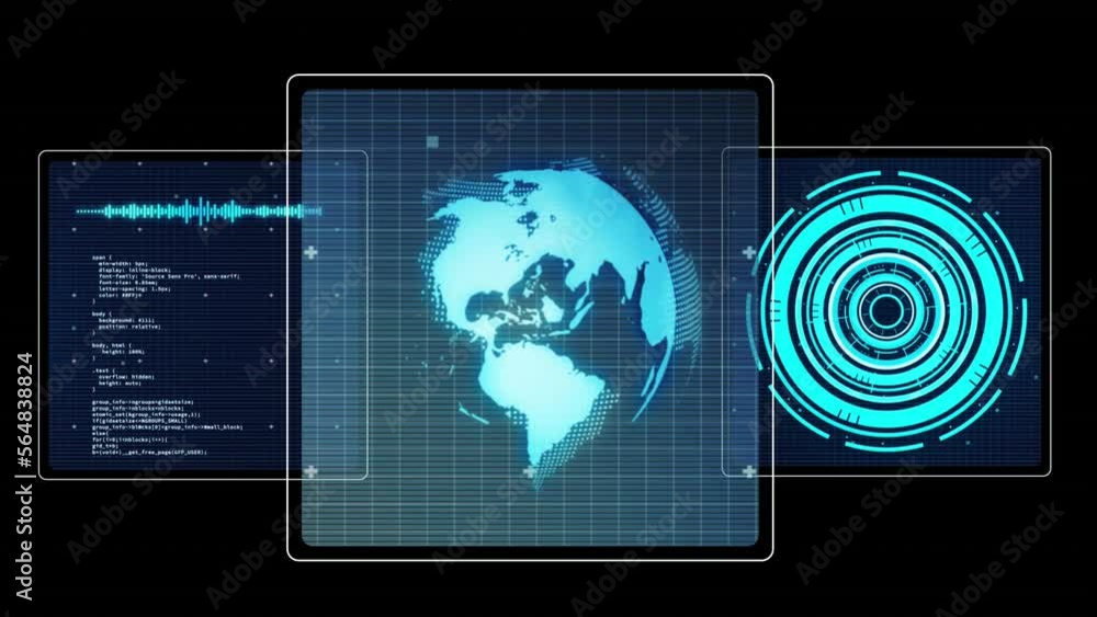 Animation of data processing with scope scanning and globe on black background Animation of data processing with scope scanning and globe on black background
