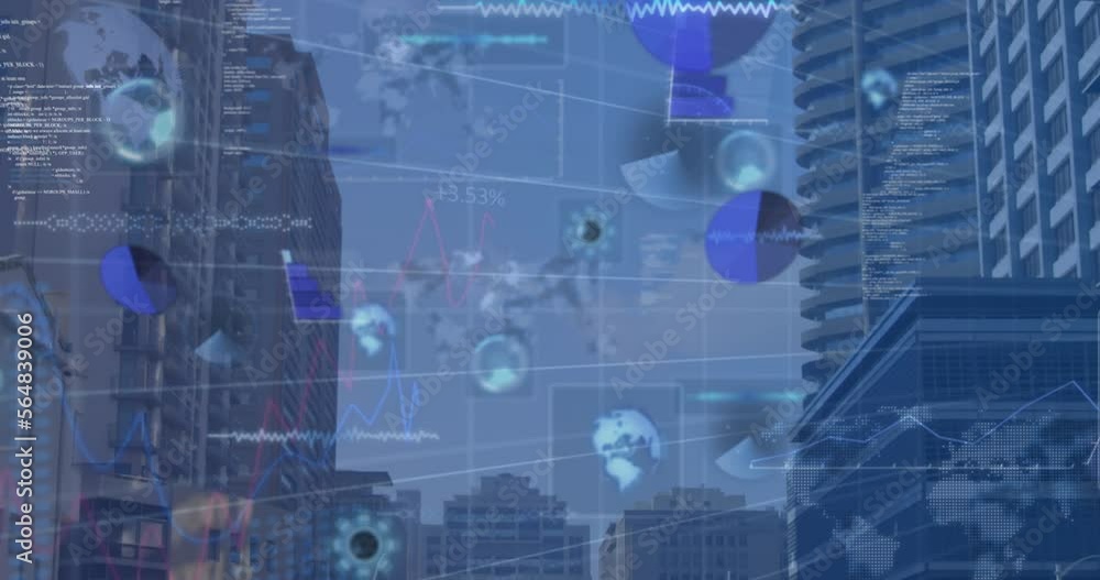 Animation of data processing with scope scanning over cityscape Animation of data processing with scope scanning over cityscape