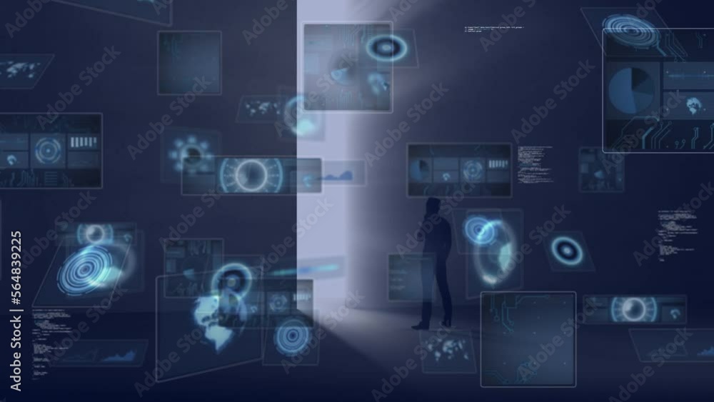 Animation of data processing with scope scanning over man silhouette and light trails Animation of data processing with scope scanning over man silhouette and light trails