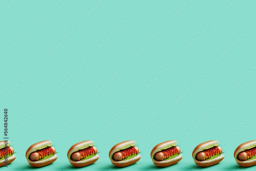 Hot dog pattern on green pastel background. Hot dog pattern on green pastel background.