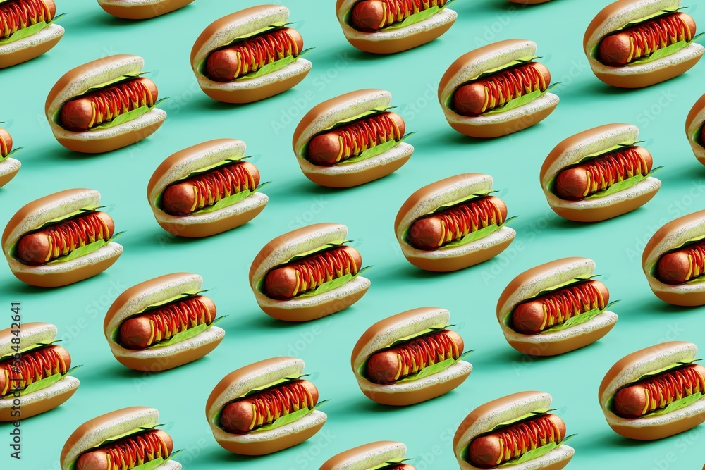 Hot dog pattern on green pastel background. Hot dog pattern on green pastel background.