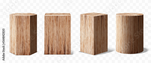 Fototapeta Naklejka Na Ścianę i Meble -  Set of Vector wood podium Pedestals, abstract geometric empty museum stages, exhibit displays for award ceremony presentation. Gallery platform, Blank Wooden product stands, Realistic 3d