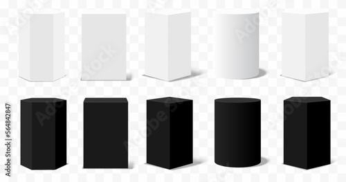 Set of 3d vector podium Pedestals geometric stages, exhibit displays award ceremony presentation product, Black and white vertical shapes hexagon, square, circle, pentagon, rectangle