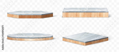3D Vector set of marble with wood table top podium pedestals, Abstract geometric empty stages wooden and stone exhibit displays award ceremony product presentation