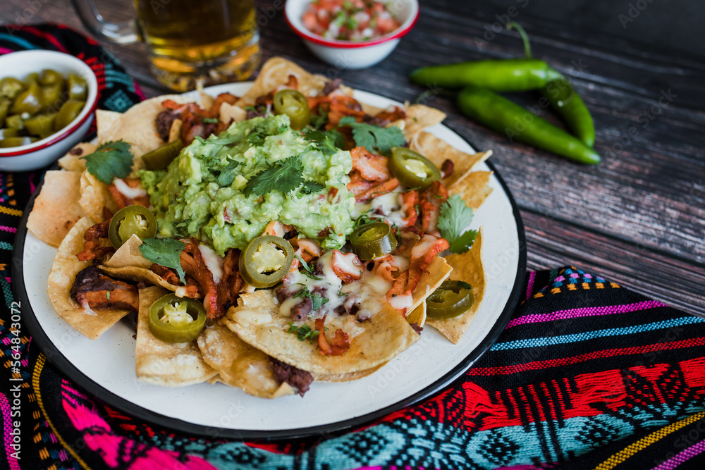 Mexican Nachos with cheese or tortilla chips with meat, avocado and beer, tex mex food in Mexico America Mexican Nachos with cheese or tortilla chips with meat, avocado and beer, tex mex food in Mexico America