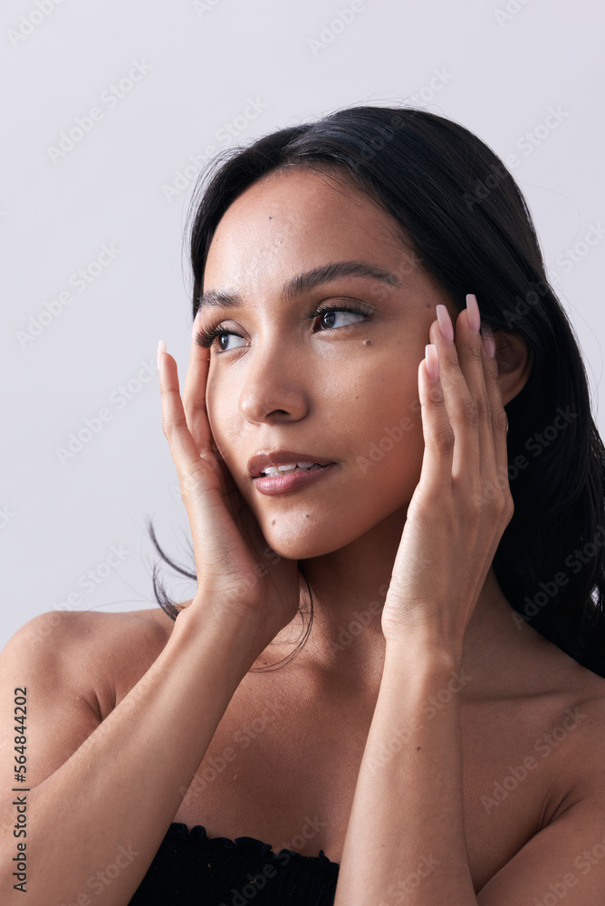 Beauty Portrait of Latina Model with Tousled Black Layered Hair Beauty Portrait of Latina Model with Tousled Black Layered Hair