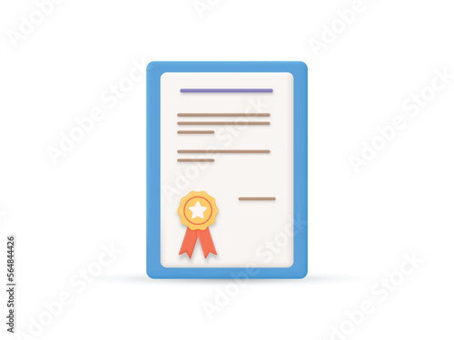 3D certificate icon. Achievement, award, grant, diploma concept