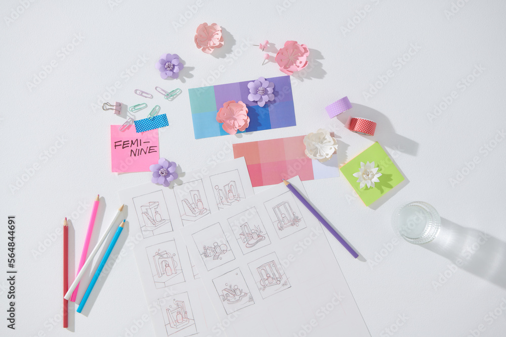 Top view flat lay of product and swatches laid out Top view flat lay of product and swatches laid out