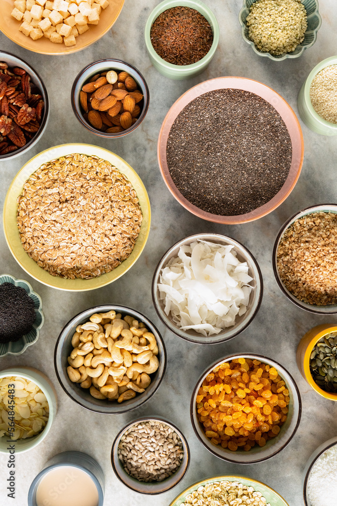 Healthy raw breakfast ingredients - nuts, seeds and dried fruits Healthy raw breakfast ingredients - nuts, seeds and dried fruits