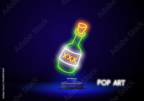 whiskey glass neon banner. Bottle of whisky neon sign on black wall background