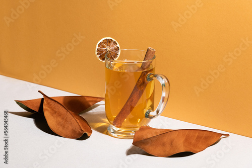 Hot golden tea with dried leaves and a cinnamon stick. photo