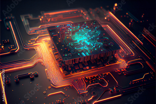 Abstract Glowing Electronic Chip Circuit Motherboard AI Generative