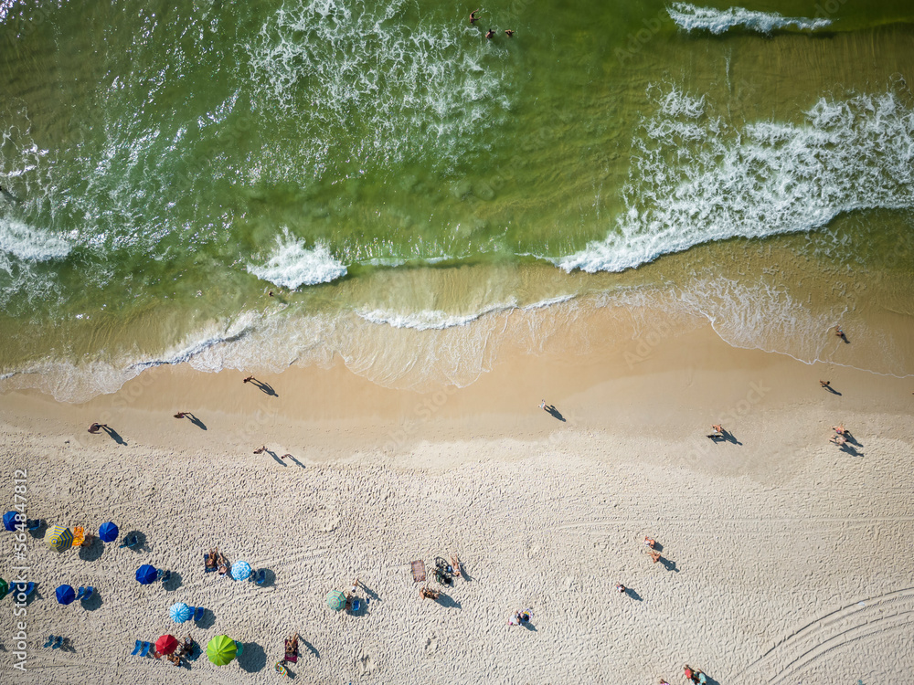 Beautiful top down view to Copacabana beach with water and umbrellas