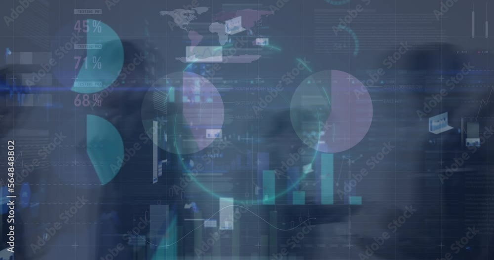 Animation of neon round scanner and statistical data processing against time-lapse of people walking