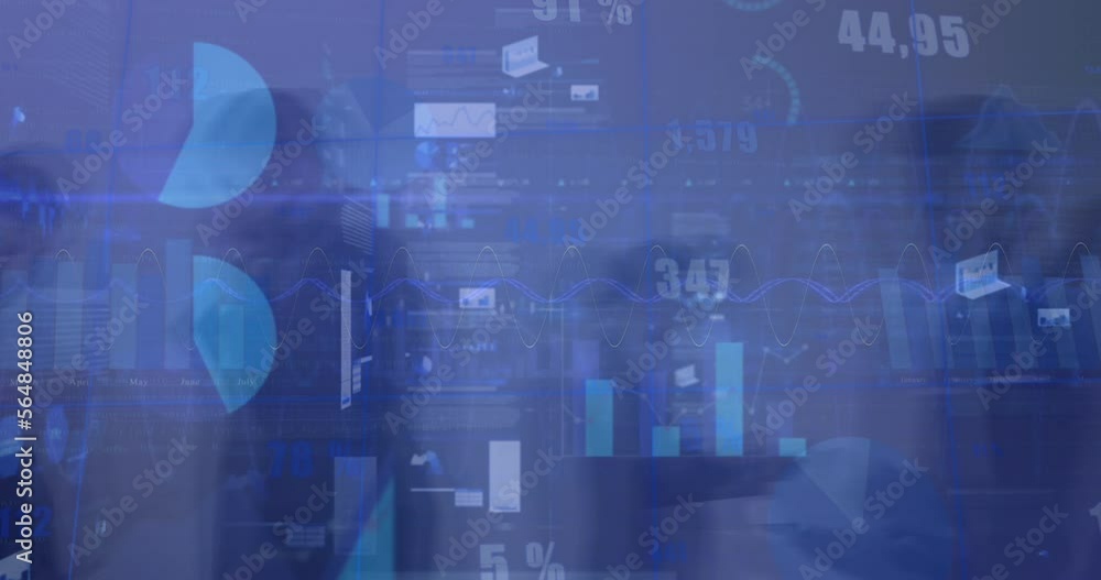 Animation of statistical data processing against time-lapse of people walking at office Animation of statistical data processing against time-lapse of people walking at office