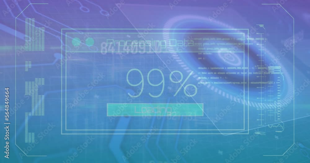 Animation of interface with data processing over round scanner against blue gradient background Animation of interface with data processing over round scanner against blue gradient background