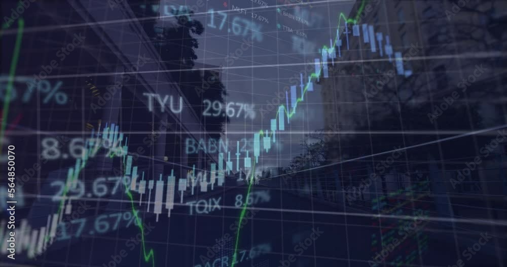 Animation of stock market data processing against time-lapse of people walking on the city bridge Animation of stock market data processing against time-lapse of people walking on the city bridge