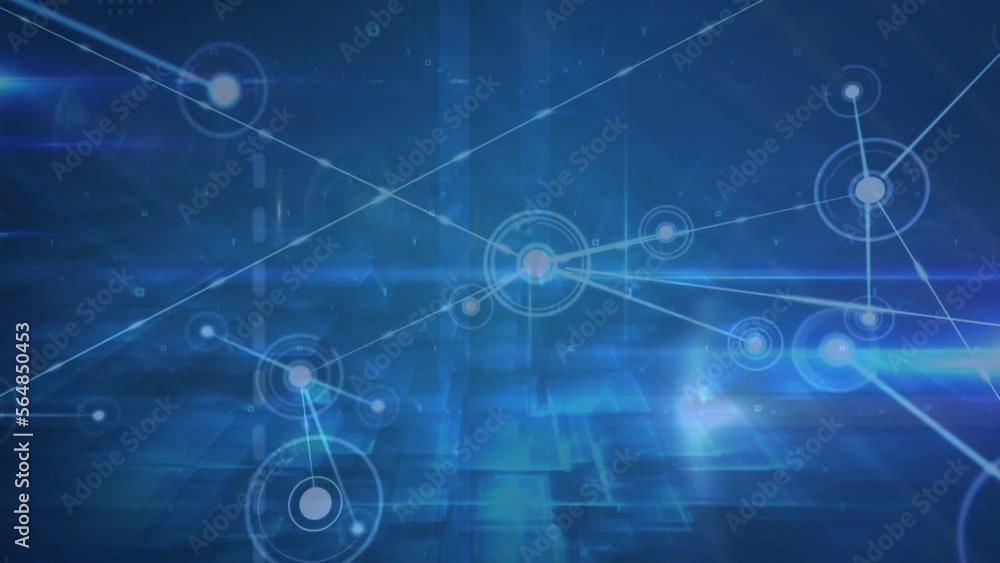 Animation of network of connections over square shapes against blue background Animation of network of connections over square shapes against blue background