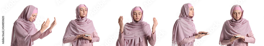Collage of praying Muslim woman isolated on white Collage of praying Muslim woman isolated on white