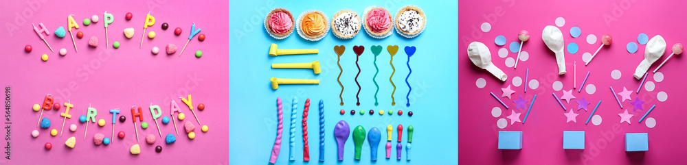 Bright collage of party decor with birthday gifts and sweets on color background Bright collage of party decor with birthday gifts and sweets on color background