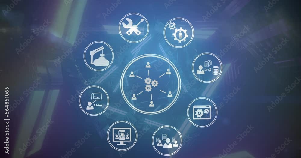 Animation of gears, people, tools, crane, cloud, message icons in circles spinning in tunnel Animation of gears, people, tools, crane, cloud, message icons in circles spinning in tunnel