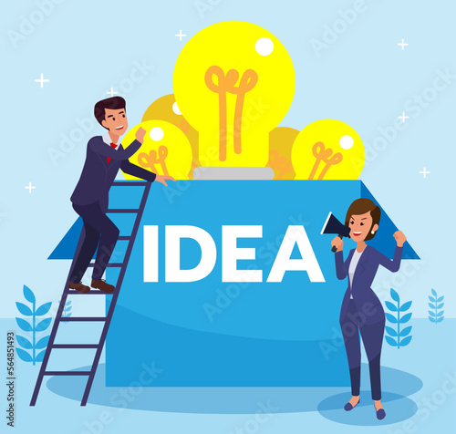 Business man searching for creative idea inspired by his boss. Business man climbing to find an idea above the box. Flat design vector illustration photo