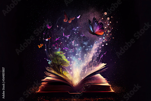 Opened magic fantasy book with magical particles flying above upwards