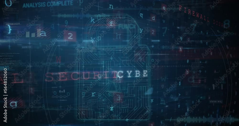 Animation of cyber security data processing and security padlock icon against blue background Animation of cyber security data processing and security padlock icon against blue background
