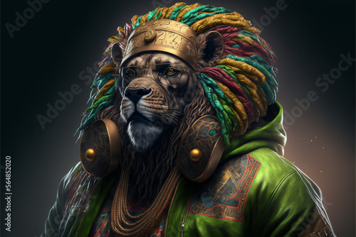 An artistic representation of a lion wearing hip hop attire, AI generated art work